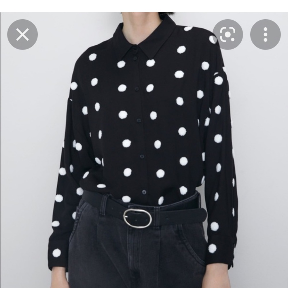 Zara polka dot button up shirt Pom poms